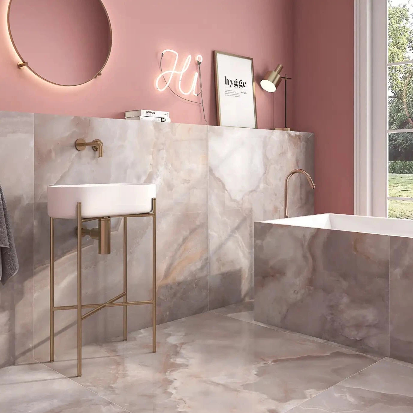 Oni Coral Pink Onyx Marble Effect Polished Porcelain Wall and Floor Tile
