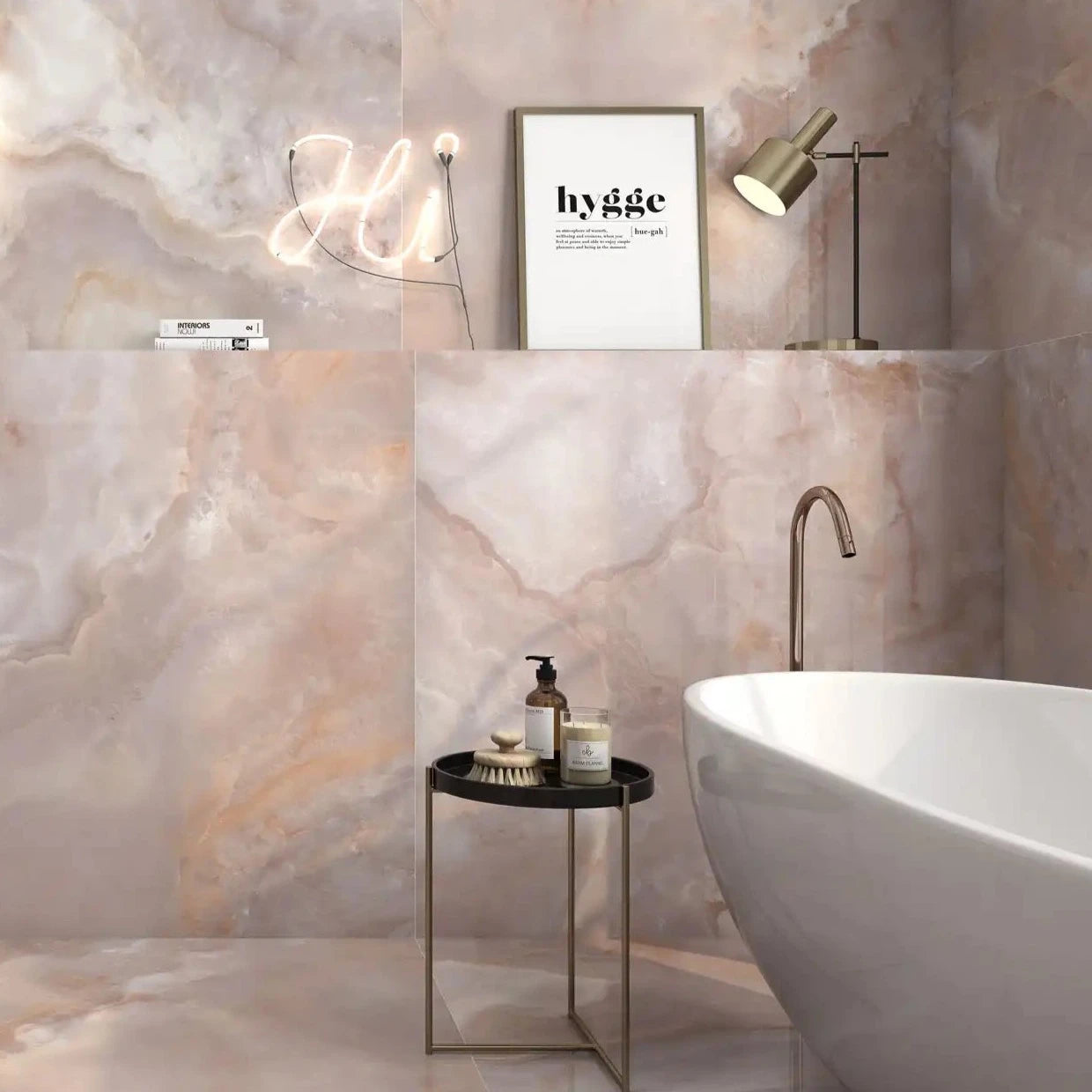 Oni Coral Pink Onyx Marble Effect Polished Porcelain Wall and Floor Tile