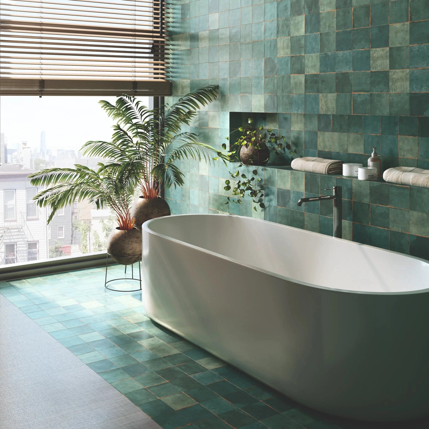 Granley Emerald Green Rectangular Watercolour Effect Gloss White Body Wall Tile