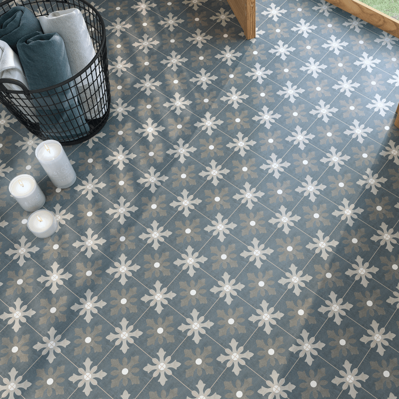 Morris Girona Blue Flower Geometric Patterned Matte Porcelain Wall And Floor Tile - Ivy Tile Company Carmen