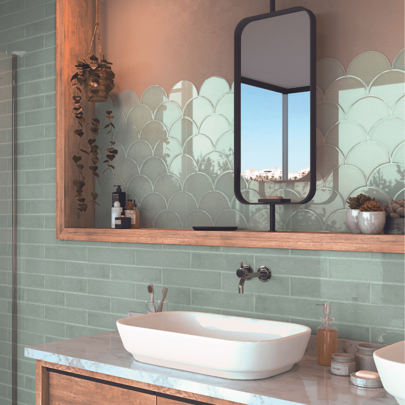 Zellige Sea Green Crackled Fish Scale Gloss Wall Tile - Ivy Tile Company Carmen