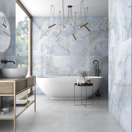 Oni Pearl White Onyx Marble Effect Polished Porcelain Wall and Floor Tile