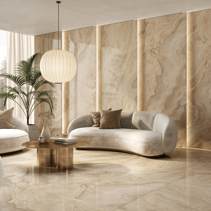 AVA Onice Iride Ambra Beige Marble Polished Porcelain Wall and Floor Tile - Ivy Tile Company