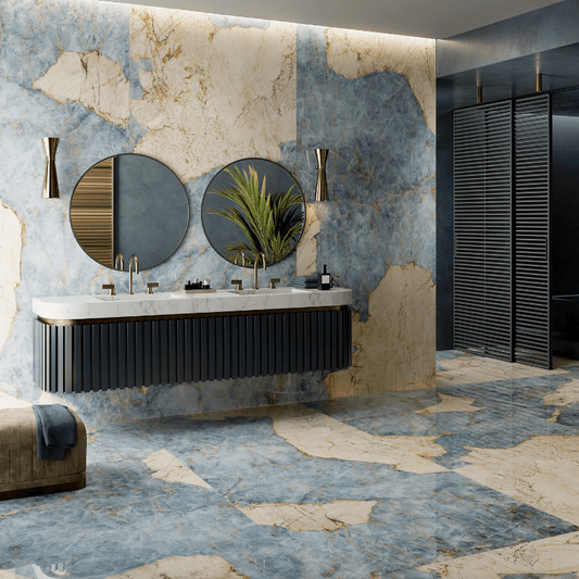 La Fabbrica x Lamborghini Magma Avio Blue Marble Effect Polished Porcelain Wall and Floor Tile - Ivy Tile Company