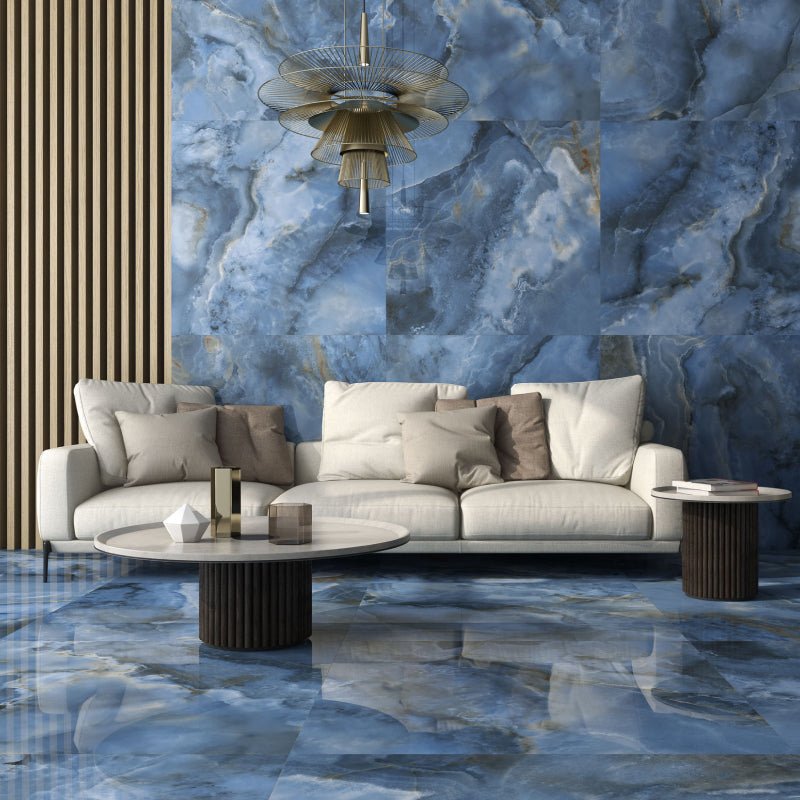 Oni Blue Onyx Marble Effect Polished Porcelain Wall and Floor Tile - Ivy Tile Company