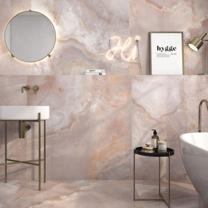 Oni Coral Pink Onyx Marble Effect Polished Porcelain Wall and Floor Tile - Ivy Tile Company