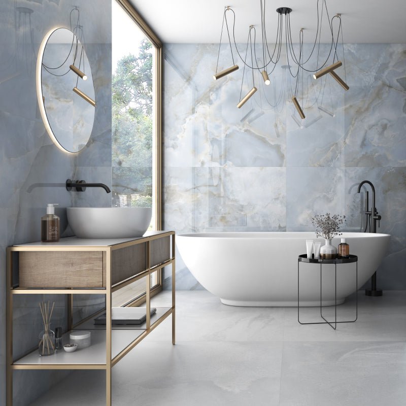Oni Pearl White Onyx Marble Effect Polished Porcelain Wall and Floor Tile - Ivy Tile Company
